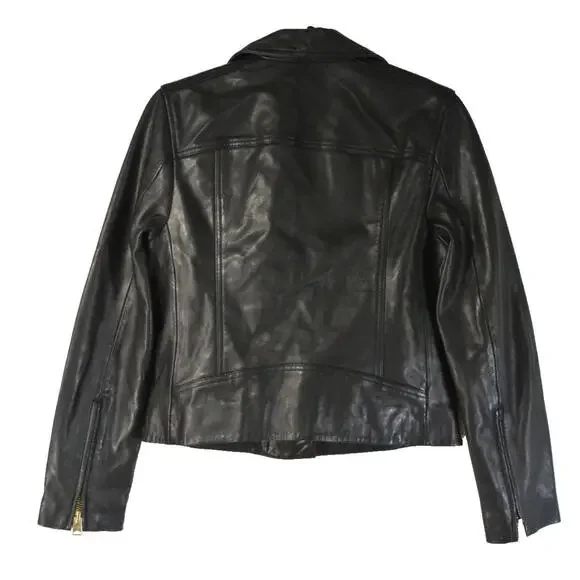 AllSaints Dalby Slim Fit Leather Biker Jacket Black/Gold - Picture 11 of 13